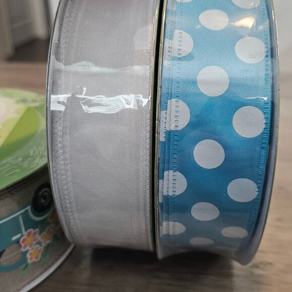 Members Mark Ribbon 50 Yards Wired Spring 1.5" 2.5" 3 Set Blue Truck Polka Dot - Picture 8 of 8
